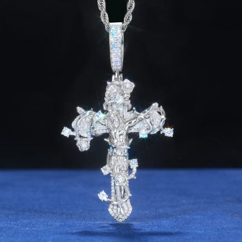 MOISSANITE DIAMOND JESUS CRUCIFIX CROSS PENDANT IN STERLING SILVER