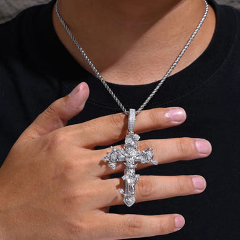 MOISSANITE DIAMOND JESUS CRUCIFIX CROSS PENDANT IN STERLING SILVER