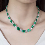 MOISSANITE DIAMOND AND LAB GROWN EMERALD CHAIN NECKLACE RING EARRINGS SET IN STERLING SILVER