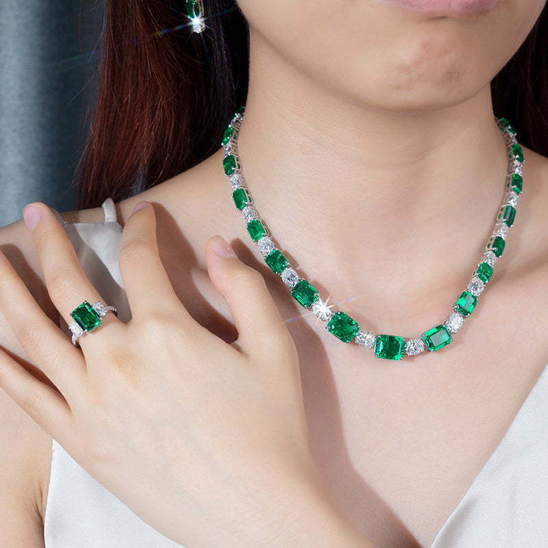 MOISSANITE DIAMOND AND LAB GROWN EMERALD CHAIN NECKLACE RING EARRINGS SET IN STERLING SILVER