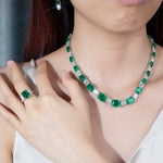 MOISSANITE DIAMOND AND LAB GROWN EMERALD CHAIN NECKLACE RING EARRINGS SET IN STERLING SILVER