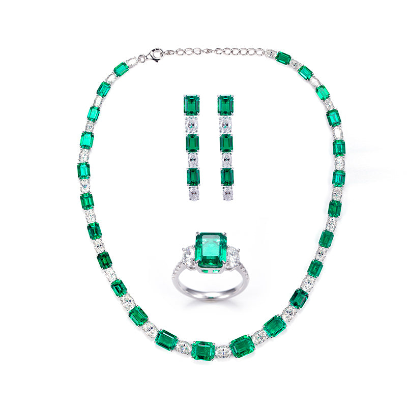 MOISSANITE DIAMOND AND LAB GROWN EMERALD CHAIN NECKLACE RING EARRINGS SET IN STERLING SILVER
