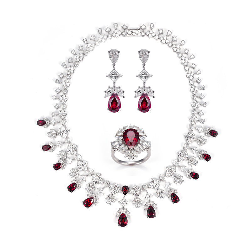 MOISSANITE AND LAB GROWN RUBY NECKLACE RING EARRINGS JEWELRY SET IN STERLING SILVER