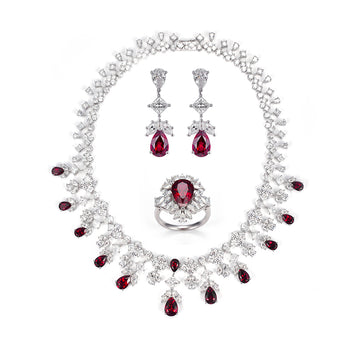 MOISSANITE AND LAB GROWN RUBY NECKLACE RING EARRINGS JEWELRY SET IN STERLING SILVER
