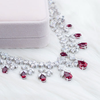 MOISSANITE AND LAB GROWN RUBY NECKLACE RING EARRINGS JEWELRY SET IN STERLING SILVER