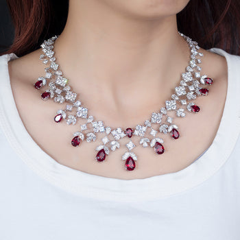 MOISSANITE AND LAB GROWN RUBY NECKLACE RING EARRINGS JEWELRY SET IN STERLING SILVER