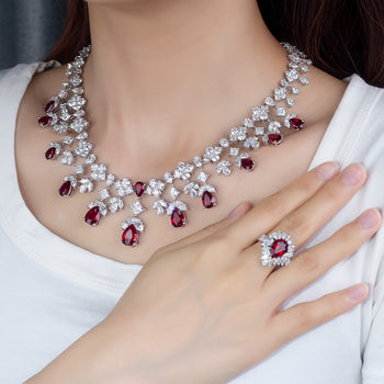 MOISSANITE AND LAB GROWN RUBY NECKLACE RING EARRINGS JEWELRY SET IN STERLING SILVER