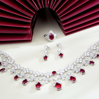 MOISSANITE AND LAB GROWN RUBY NECKLACE RING EARRINGS JEWELRY SET IN STERLING SILVER