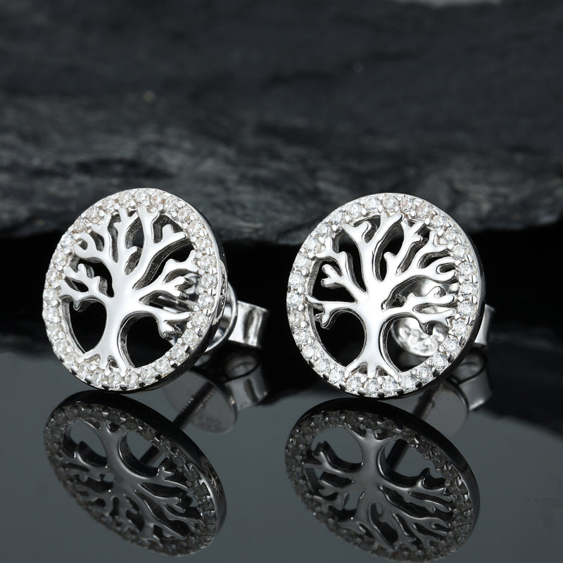 MOISSANITE DIAMOND LIFE TREE STUD EARRINGS IN STERLING SILVER