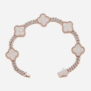 MOISSANITE DIAMOND LUCKY FOUR LEAF CLOVER CUBAN LINK NECKLACE OR BRACELET IN STERLING SILVER - IVORY & EBONY