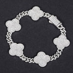 MOISSANITE DIAMOND LUCKY FOUR LEAF CLOVER CUBAN LINK NECKLACE OR BRACELET IN STERLING SILVER