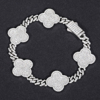 MOISSANITE DIAMOND LUCKY FOUR LEAF CLOVER CUBAN LINK NECKLACE OR BRACELET IN STERLING SILVER - IVORY & EBONY