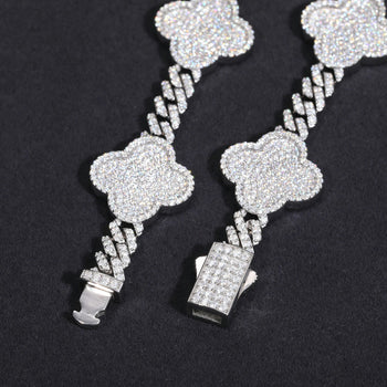 MOISSANITE DIAMOND LUCKY FOUR LEAF CLOVER CUBAN LINK NECKLACE OR BRACELET IN STERLING SILVER - IVORY & EBONY