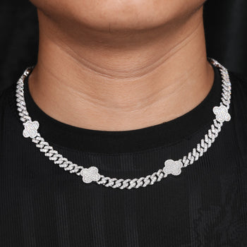 MOISSANITE DIAMOND LUCKY FOUR LEAF CLOVER CUBAN LINK NECKLACE OR BRACELET IN STERLING SILVER - IVORY & EBONY