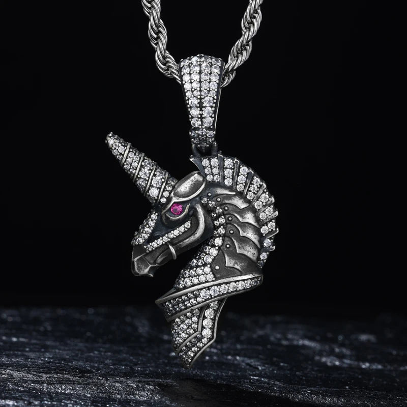 MOISSANITE DIAMOND MIDNIGHT UNICORN PENDANT IN STERLING SILVER