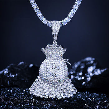 PENDENTIF SAC À BILLETS EN ARGENT MASSIF ET DIAMANTS EN MOISSANITE {STYLE 2}