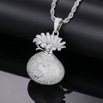 PENDENTIF SAC À BILLETS EN ARGENT MASSIF ET DIAMANTS EN MOISSANITE {STYLE 3}