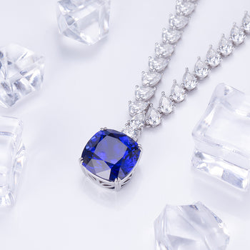 PEAR CUT MOISSANITE AND LAB GROWN SAPPHIRE NECKLACE RING EARRINGS SET IN STERLING SILVER