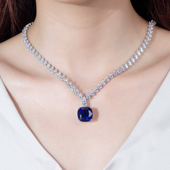 PEAR CUT MOISSANITE AND LAB GROWN SAPPHIRE NECKLACE RING EARRINGS SET IN STERLING SILVER