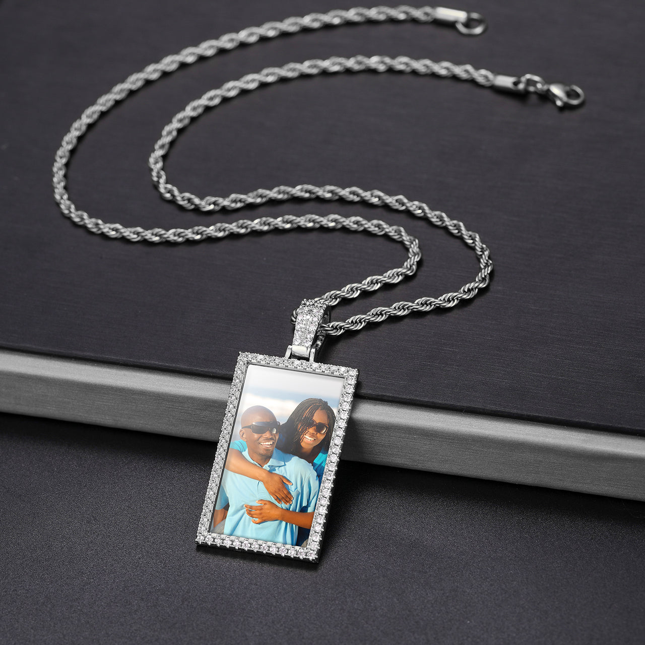 MOISSANITE RECTANGLE CUSTOM PHOTO PENDANT IN STERLING SILVER