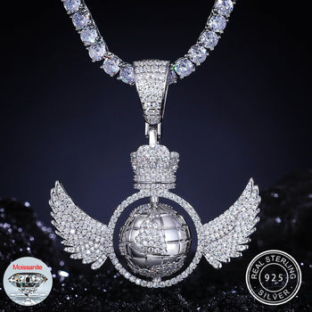 Pendentif globe tournant en diamant et moissanite en argent sterling