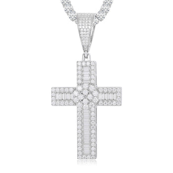 Runder Baguette-Kreuzanhänger mit Moissanit-Diamanten aus Sterlingsilber