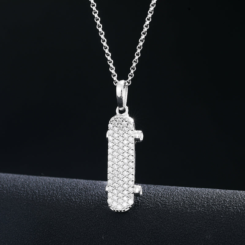 MOISSANITE DIAMOND SKATEBOARD PENDANT IN STERLING SILVER