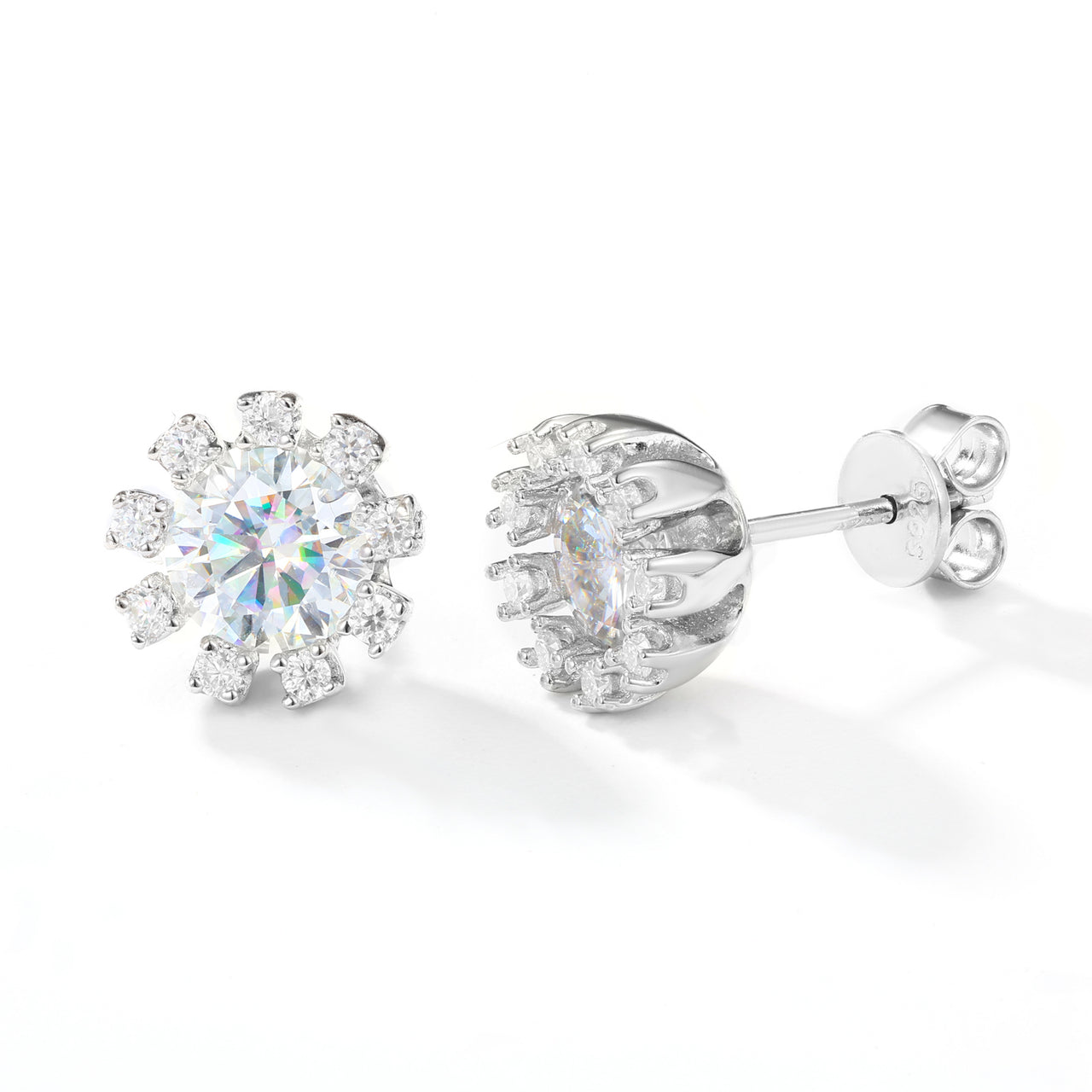 MOISSANITE DIAMOND SNOWFLAKE HALO STUD EARRINGS IN STERLING SILVER