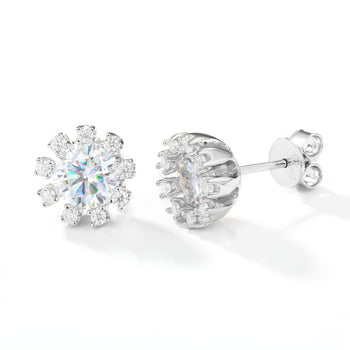 MOISSANIT-DIAMANT-SCHNEEFLOCKEN-HALO-OHRSTÖSSE AUS STERLINGSILBER 