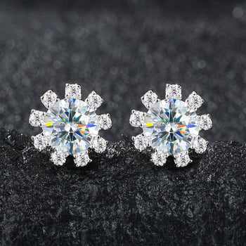 MOISSANIT-DIAMANT-SCHNEEFLOCKEN-HALO-OHRSTÖSSE AUS STERLINGSILBER 