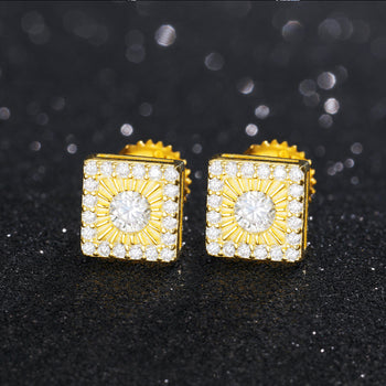 Boucles d'oreilles à vis en argent sterling, serties de diamants et de moissanite en forme de soleil