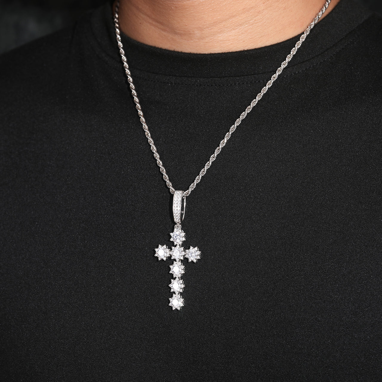 MOISSANITE DIAMOND SUNSHINE CROSS PENDANT IN STERLING SILVER