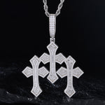 MOISSANITE DIAMOND TRIPLE CROSS PENDANT IN STERLING SILVER