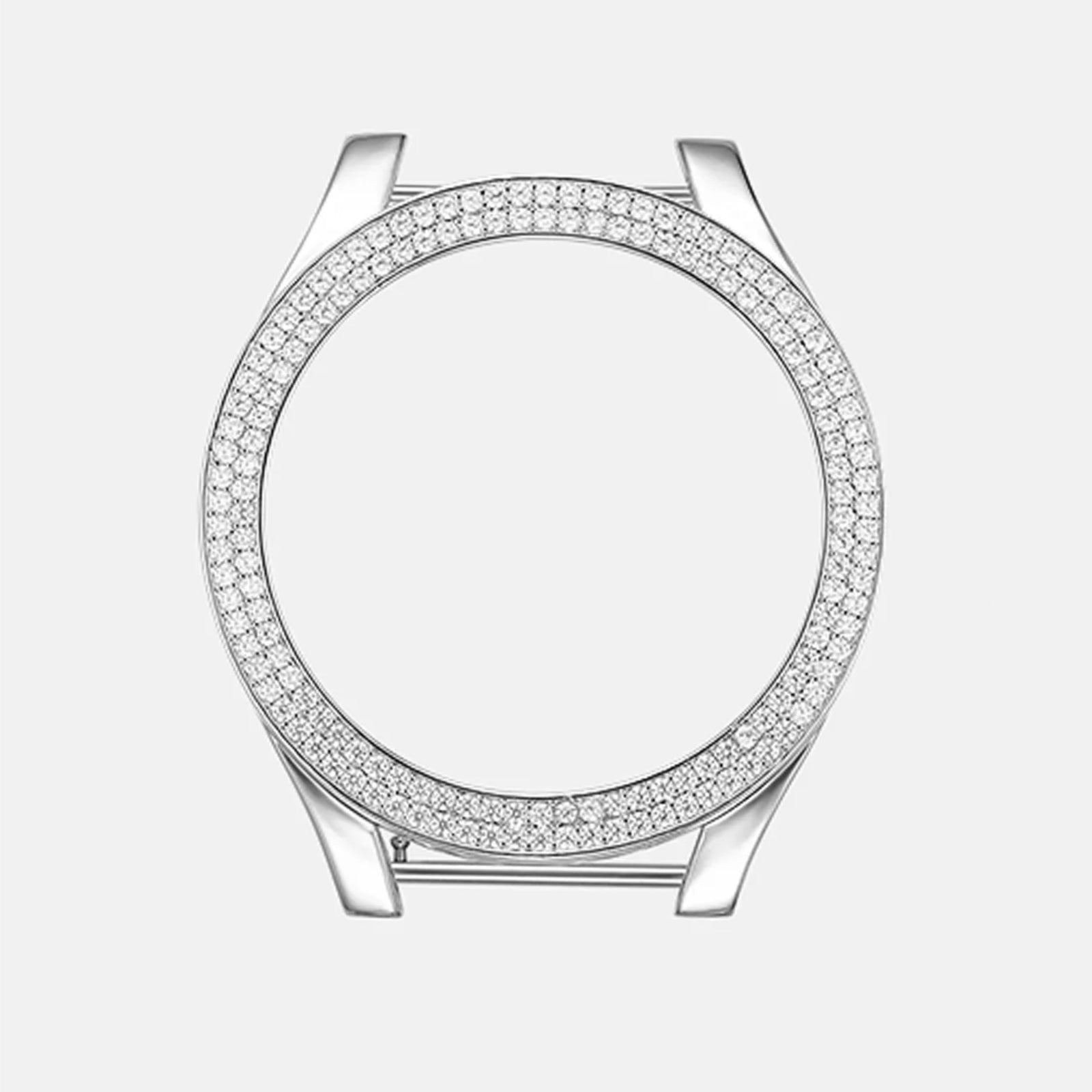 Silver watch case with diamond accents on a light gray background