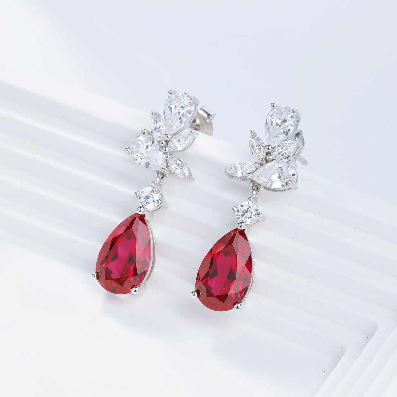 MOISSANITE DIAMOND WATER DROP RUBY EARRINGS IN STERLING SILVER