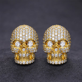 MOISSANITE DIAMONDS ICED OUT SKULL STUD EARRINGS IN STERLING SILVER - IVORY & EBONY