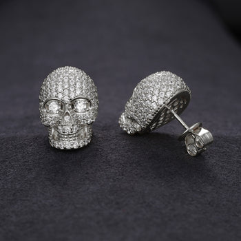 MOISSANITE DIAMONDS ICED OUT SKULL STUD EARRINGS IN STERLING SILVER - IVORY & EBONY