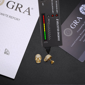 MOISSANITE DIAMONDS ICED OUT SKULL STUD EARRINGS IN STERLING SILVER - IVORY & EBONY