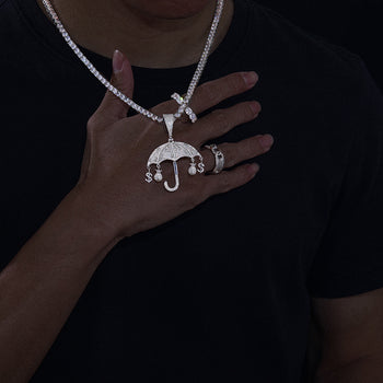 MOISSANITE DOLLAR MONEY BAG UMBRELLA PENDANT IN STERLING SILVER