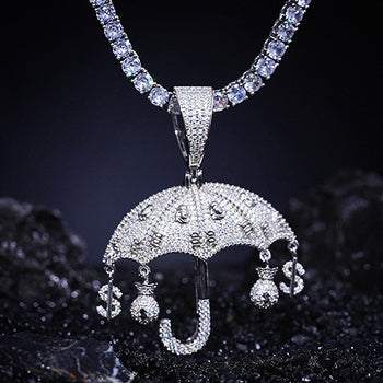 MOISSANITE DOLLAR MONEY BAG UMBRELLA PENDANT IN STERLING SILVER
