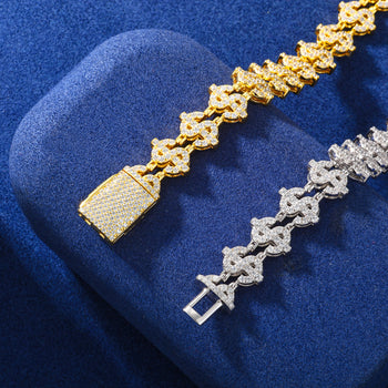 Bracelet en argent sterling orné de maillons en forme de dollar et de moissanite 
