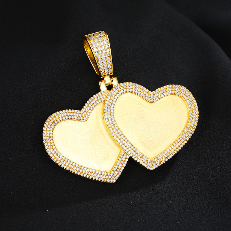MOISSANITE DIAMOND DOUBLE HEART CUSTOM PHOTO PENDANT IN STERLING SILVER