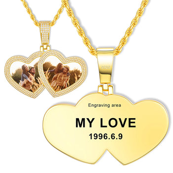 MOISSANITE DIAMOND DOUBLE HEART CUSTOM PHOTO PENDANT IN STERLING SILVER - IVORY & EBONY