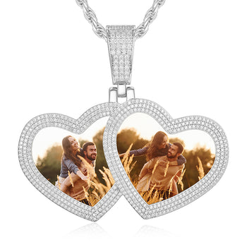 MOISSANITE DIAMOND DOUBLE HEART CUSTOM PHOTO PENDANT IN STERLING SILVER - IVORY & EBONY
