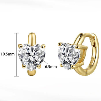 Gold hoop earrings with heart-shaped gemstones, featuring measurements and product details on a white background.
