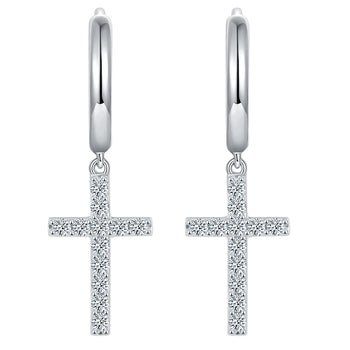 MOISSANITE HOOP CROSS EARRINGS IN STERLING SILVER