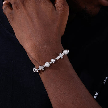 MOISSANITE ICED OUT BALL CROSS LINK BRACELET IN STERLING SILVER