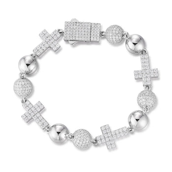 MOISSANITE ICED OUT BALL CROSS LINK BRACELET IN STERLING SILVER