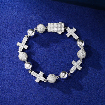 MOISSANITE ICED OUT BALL CROSS LINK BRACELET IN STERLING SILVER