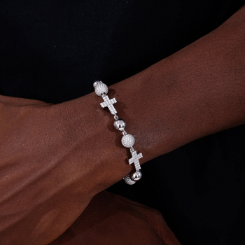 MOISSANITE ICED OUT BALL CROSS LINK BRACELET IN STERLING SILVER